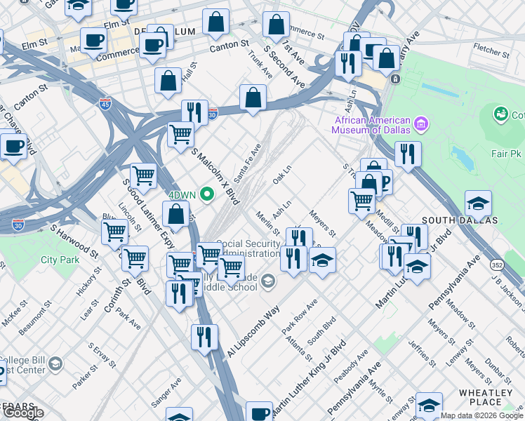 map of restaurants, bars, coffee shops, grocery stores, and more near 2422 Merlin Street in Dallas