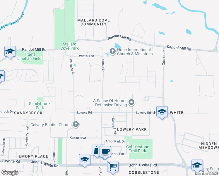 map of restaurants, bars, coffee shops, grocery stores, and more near 301 Sandy Lane in Fort Worth