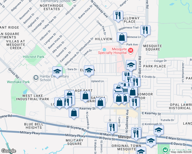 map of restaurants, bars, coffee shops, grocery stores, and more near 500 West Grubb Drive in Mesquite
