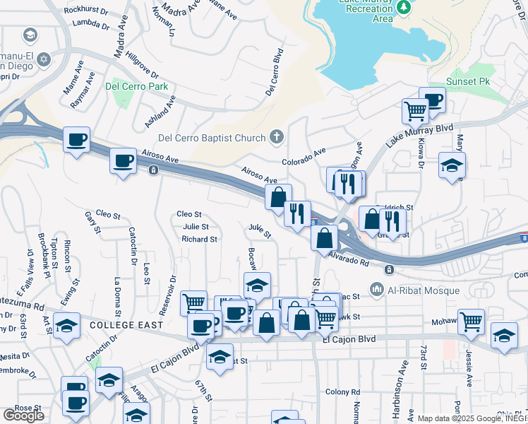map of restaurants, bars, coffee shops, grocery stores, and more near 6655 Alvarado Road in San Diego