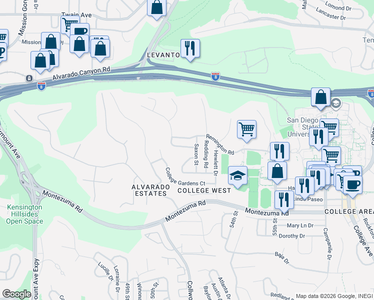 map of restaurants, bars, coffee shops, grocery stores, and more near 5173 Walsh Way in San Diego