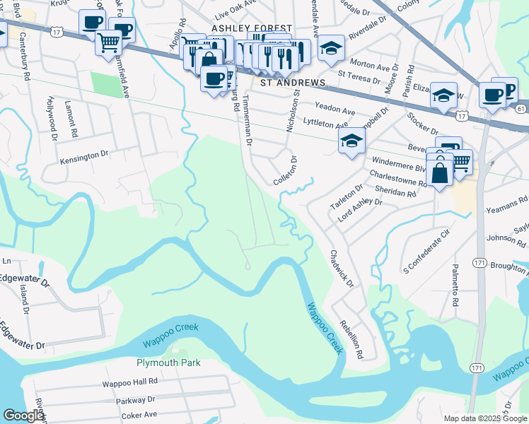 map of restaurants, bars, coffee shops, grocery stores, and more near 45 Coburg Road in Charleston