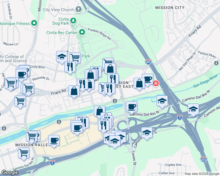 map of restaurants, bars, coffee shops, grocery stores, and more near 55 Station Village Way in San Diego
