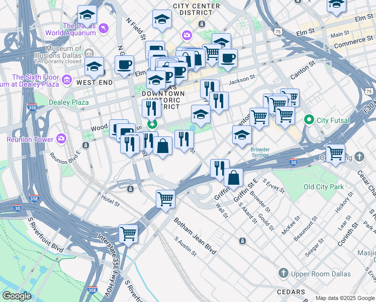 map of restaurants, bars, coffee shops, grocery stores, and more near 633 South Akard Street in Dallas