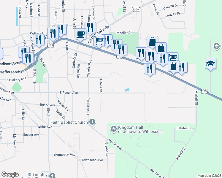 map of restaurants, bars, coffee shops, grocery stores, and more near 1501-1615 East Pecan Avenue in Bastrop