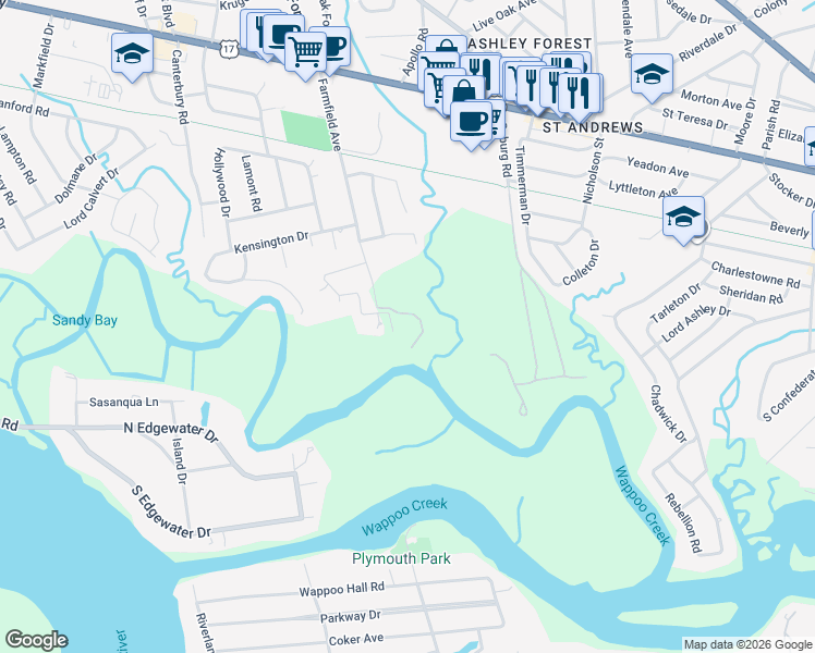 map of restaurants, bars, coffee shops, grocery stores, and more near 121 Farmfield Avenue in Charleston