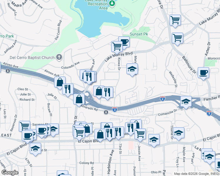map of restaurants, bars, coffee shops, grocery stores, and more near 7225 Baldrich Street in La Mesa