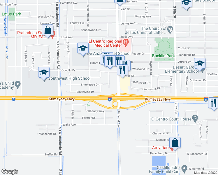 map of restaurants, bars, coffee shops, grocery stores, and more near 2033 Cottonwood Circle in El Centro