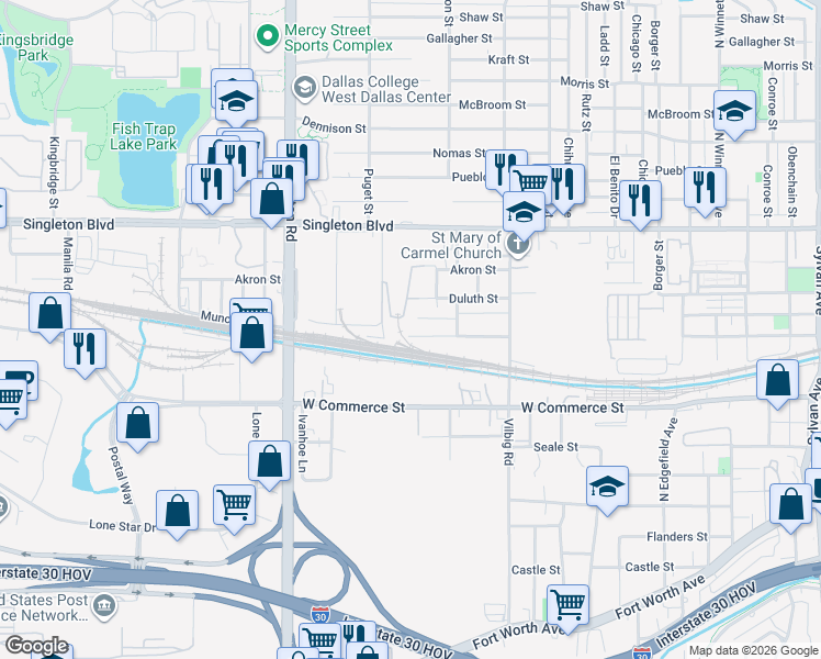 map of restaurants, bars, coffee shops, grocery stores, and more near 1943 Muncie Avenue in Dallas