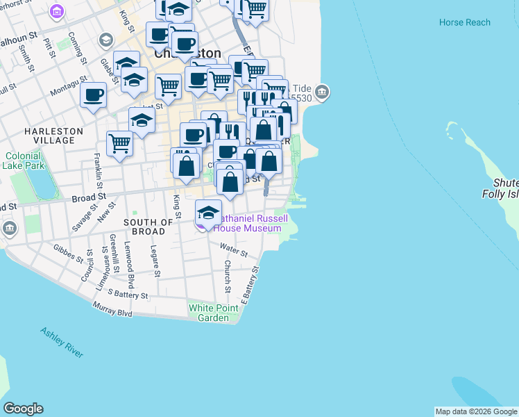map of restaurants, bars, coffee shops, grocery stores, and more near 2 Tradd Street in Charleston