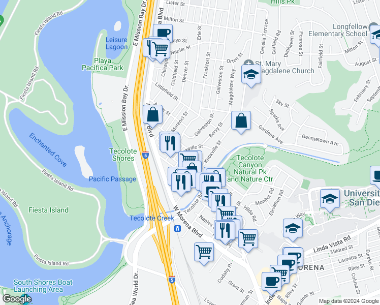 map of restaurants, bars, coffee shops, grocery stores, and more near 4649 Tonopah Avenue in San Diego