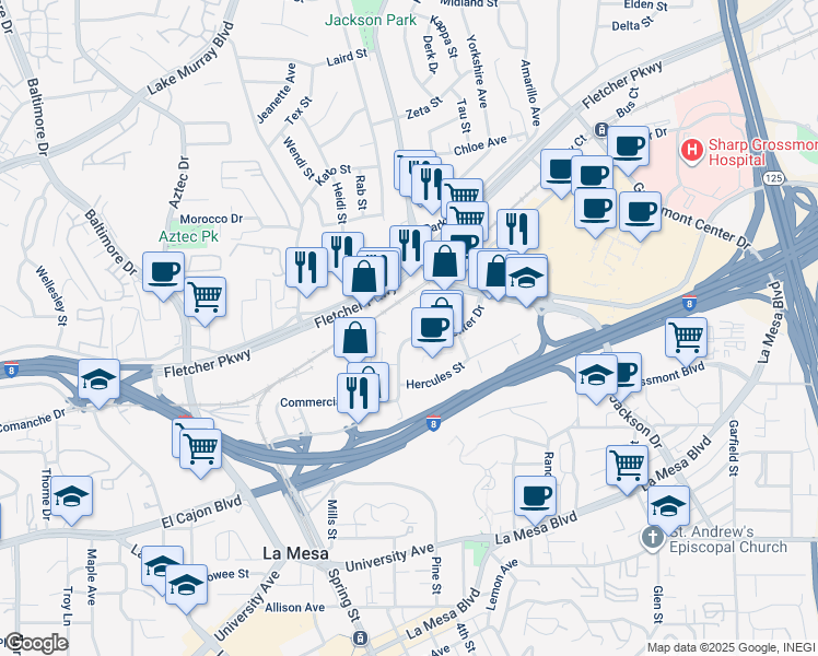 map of restaurants, bars, coffee shops, grocery stores, and more near 8360 Center Drive in La Mesa