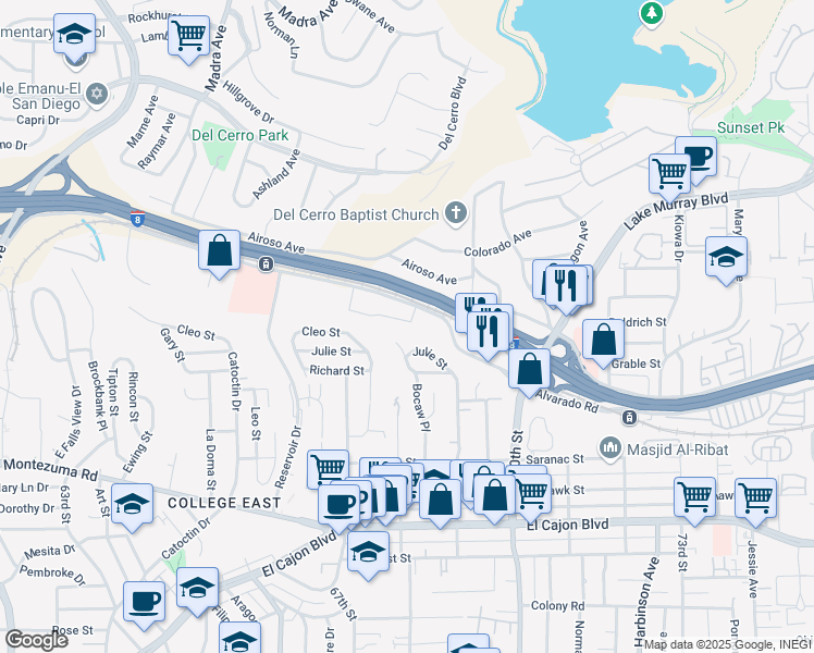 map of restaurants, bars, coffee shops, grocery stores, and more near 6851 Alvarado Road in San Diego