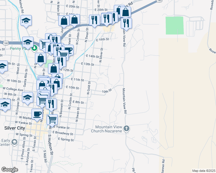map of restaurants, bars, coffee shops, grocery stores, and more near 815 10th Street in Silver City