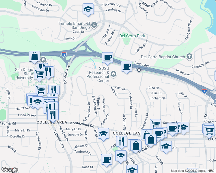 map of restaurants, bars, coffee shops, grocery stores, and more near 6359 Cleo Street in San Diego
