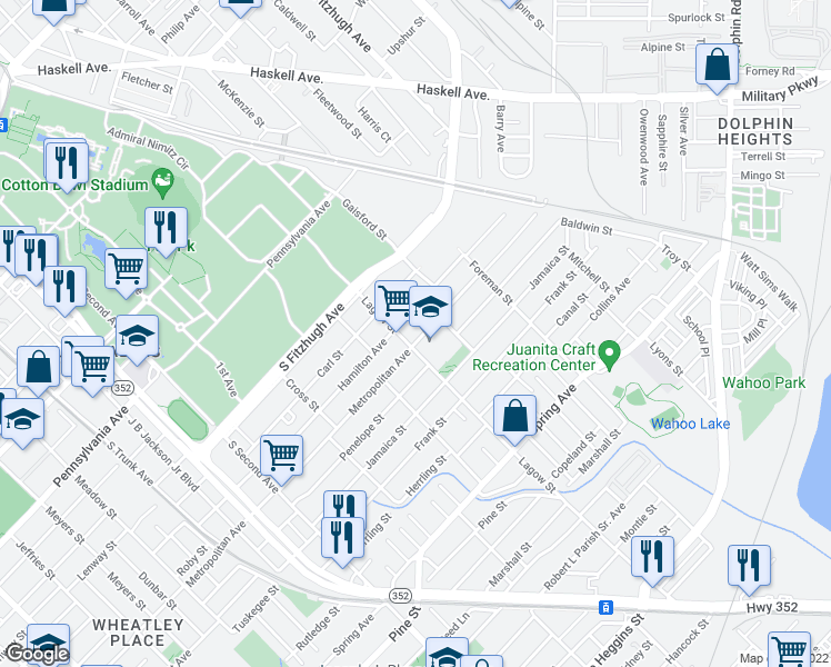 map of restaurants, bars, coffee shops, grocery stores, and more near 4209 Metropolitan Avenue in Dallas