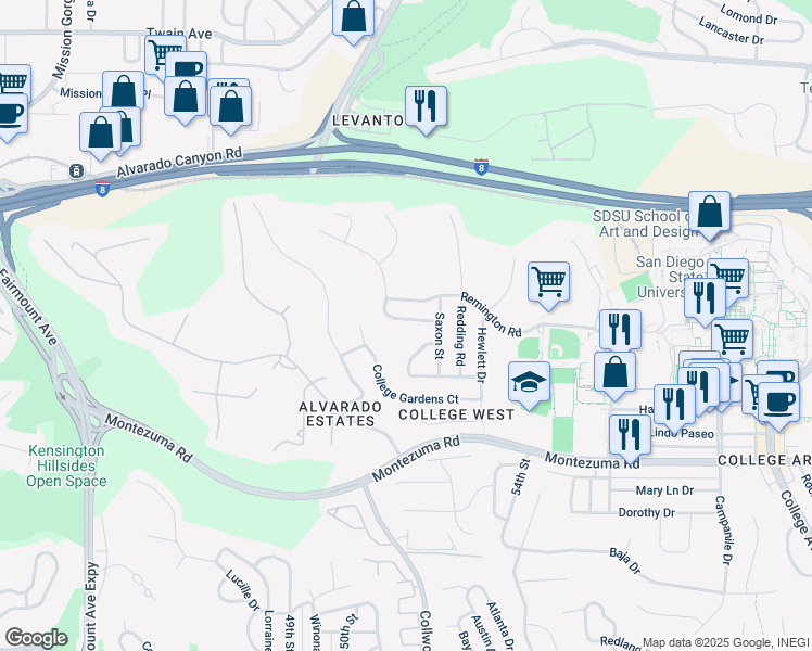 map of restaurants, bars, coffee shops, grocery stores, and more near 5163 Walsh Way in San Diego