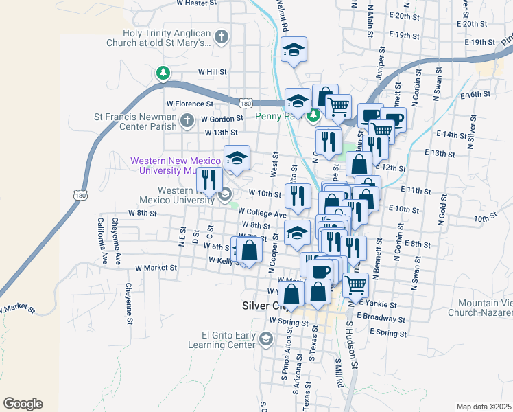 map of restaurants, bars, coffee shops, grocery stores, and more near 416 West College Avenue in Silver City