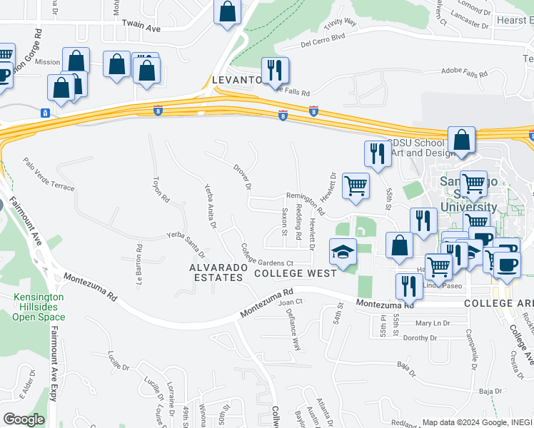 map of restaurants, bars, coffee shops, grocery stores, and more near 5163 Walsh Way in San Diego