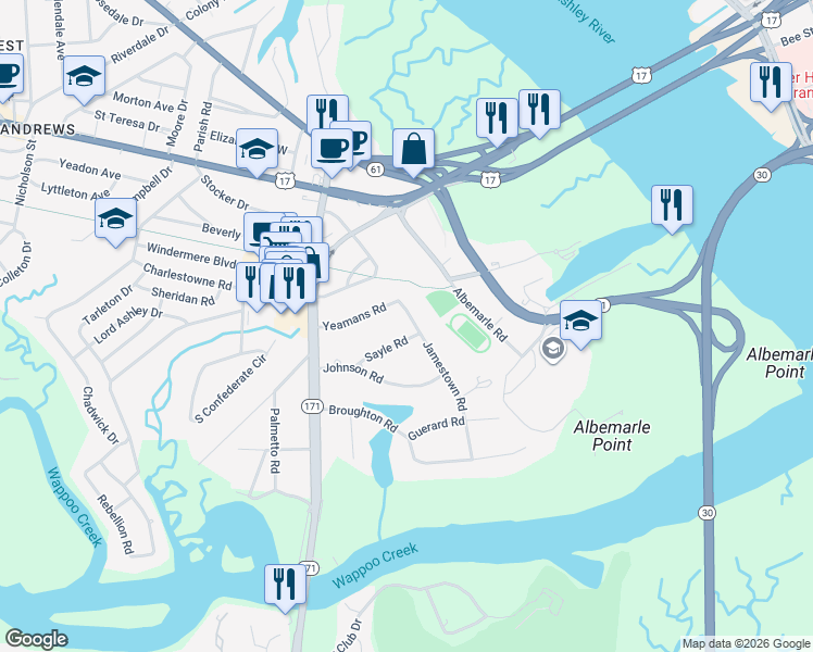 map of restaurants, bars, coffee shops, grocery stores, and more near 1 Sayle Road in Charleston