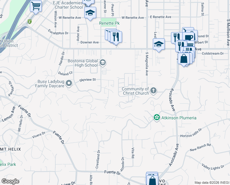 map of restaurants, bars, coffee shops, grocery stores, and more near 440 Tilling Way in El Cajon