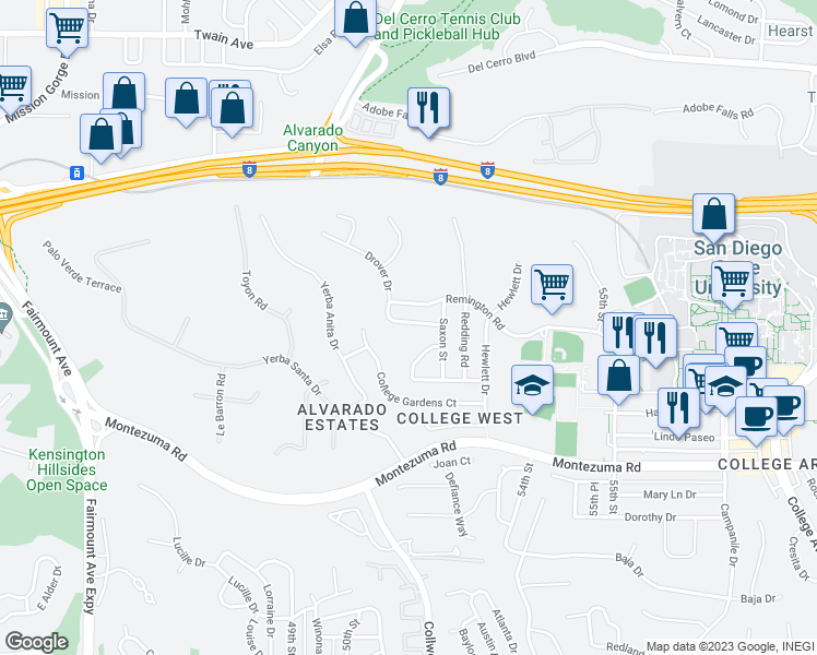 map of restaurants, bars, coffee shops, grocery stores, and more near 5151 Walsh Way in San Diego