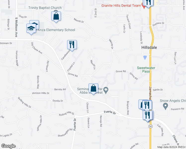 map of restaurants, bars, coffee shops, grocery stores, and more near 1564 Grove Road in El Cajon