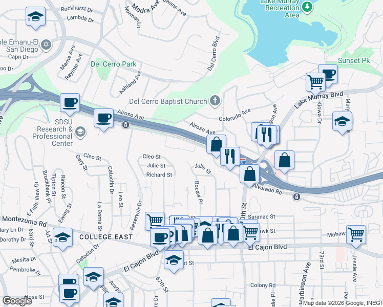 map of restaurants, bars, coffee shops, grocery stores, and more near 6851 Alvarado Road in San Diego