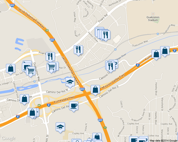 map of restaurants, bars, coffee shops, grocery stores, and more near 9939 Rio San Diego Drive in San Diego
