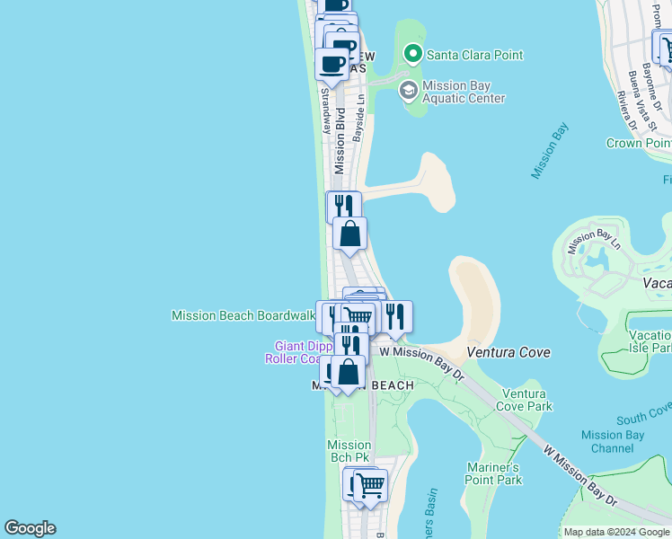 map of restaurants, bars, coffee shops, grocery stores, and more near 740 Jersey Court in San Diego