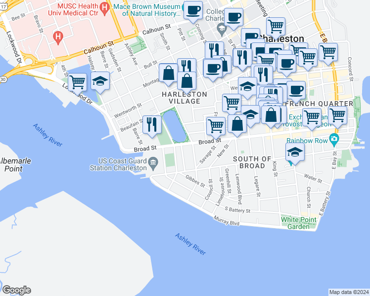 map of restaurants, bars, coffee shops, grocery stores, and more near 13 Rutledge Avenue in Charleston