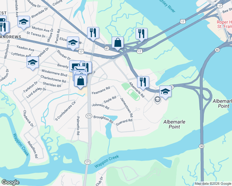 map of restaurants, bars, coffee shops, grocery stores, and more near 1 Sayle Road in Charleston