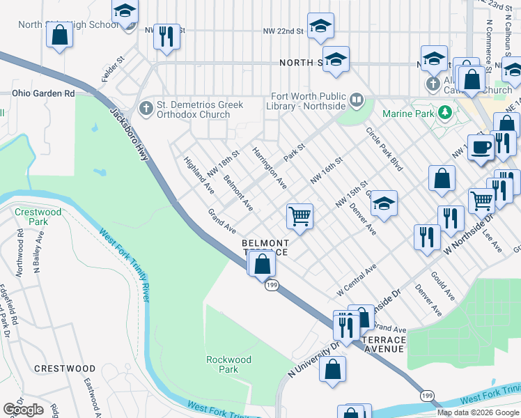 map of restaurants, bars, coffee shops, grocery stores, and more near 1702 Belmont Avenue in Fort Worth