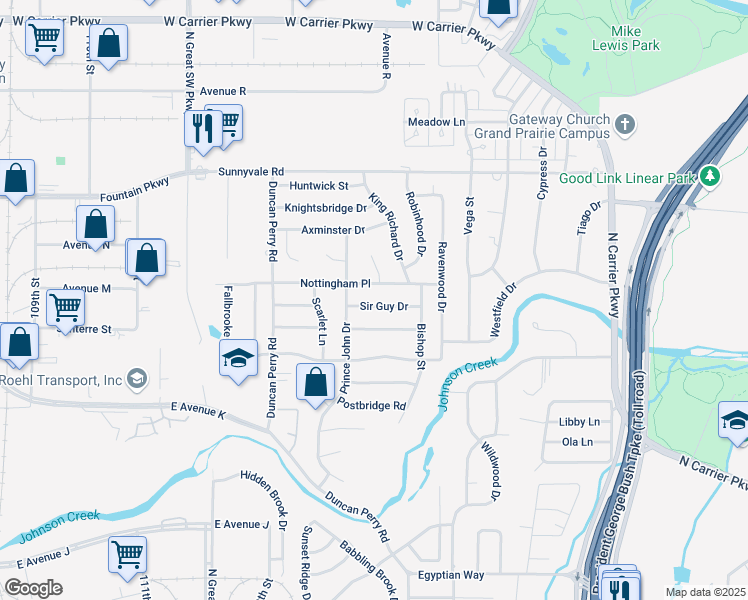 map of restaurants, bars, coffee shops, grocery stores, and more near 2417 Sir Guy Drive in Grand Prairie