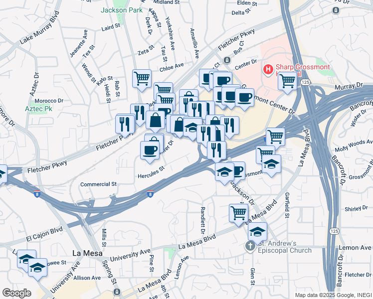 map of restaurants, bars, coffee shops, grocery stores, and more near in La Mesa