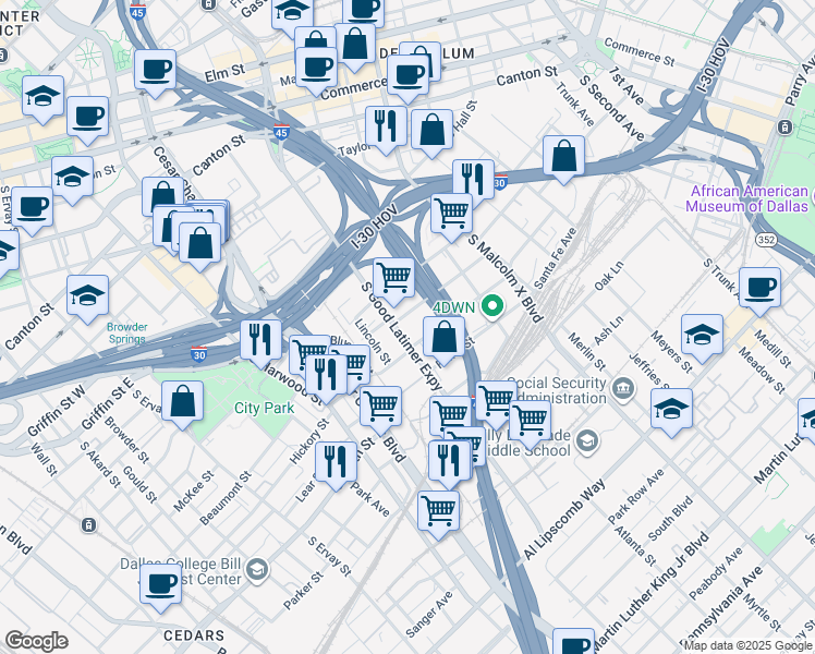 map of restaurants, bars, coffee shops, grocery stores, and more near 1808 South Good Latimer Expressway in Dallas