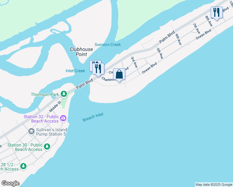 map of restaurants, bars, coffee shops, grocery stores, and more near 120 Ocean Boulevard in Isle of Palms