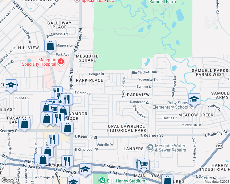 map of restaurants, bars, coffee shops, grocery stores, and more near 428 East Grubb Drive in Mesquite