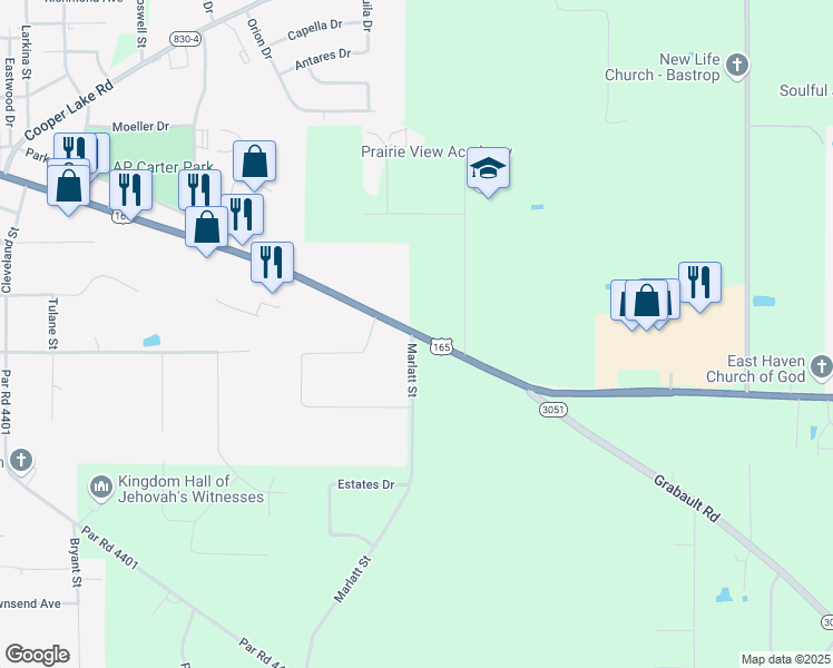 map of restaurants, bars, coffee shops, grocery stores, and more near 5730-5790 Mer Rouge Rd in Bastrop