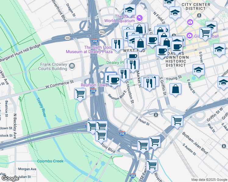 map of restaurants, bars, coffee shops, grocery stores, and more near 400 South Houston Street in Dallas
