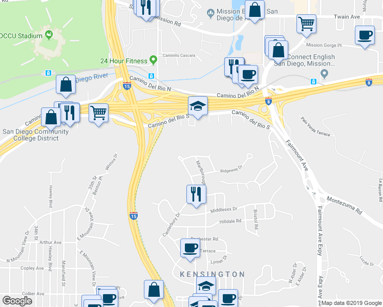 map of restaurants, bars, coffee shops, grocery stores, and more near 4136 Palisades Road in San Diego
