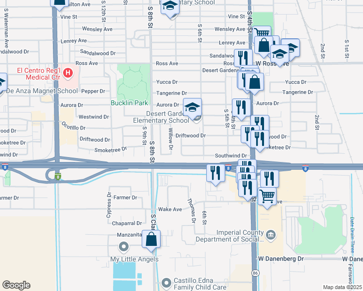 map of restaurants, bars, coffee shops, grocery stores, and more near Smoketree Drive & South 7th Street in El Centro