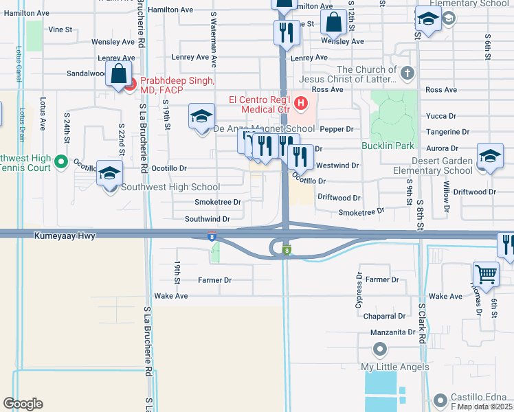 map of restaurants, bars, coffee shops, grocery stores, and more near 2095 Cottonwood Circle in El Centro