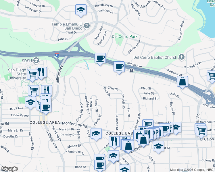 map of restaurants, bars, coffee shops, grocery stores, and more near 6427 Cleo Street in San Diego