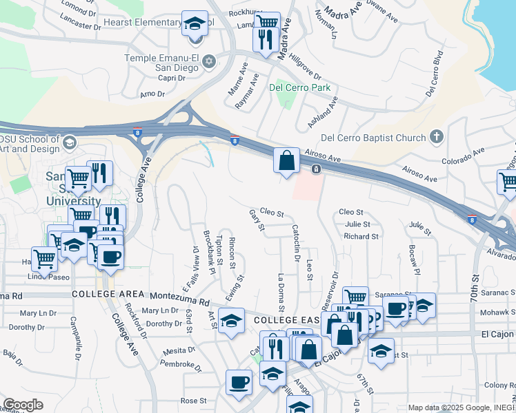 map of restaurants, bars, coffee shops, grocery stores, and more near 6412 Cleo Street in San Diego
