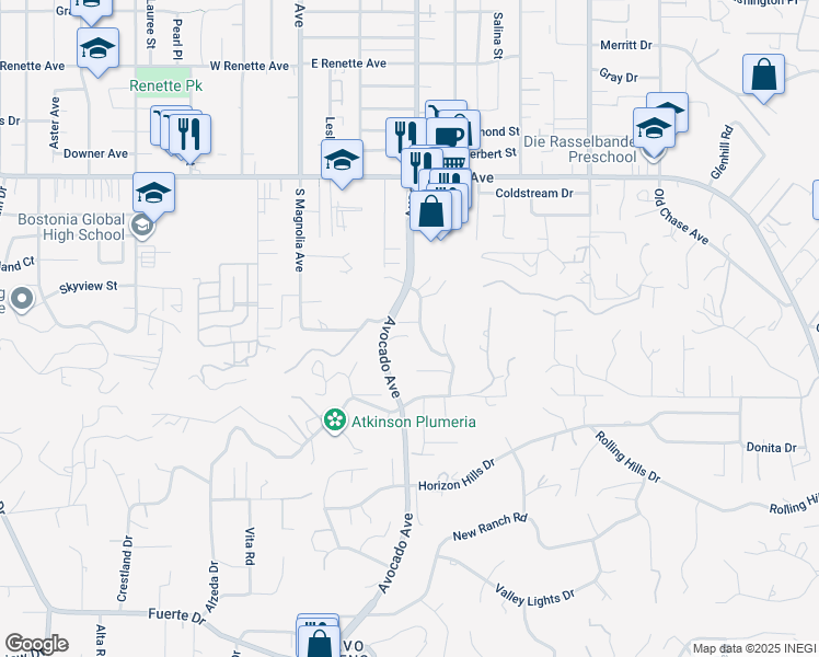 map of restaurants, bars, coffee shops, grocery stores, and more near 449 Avenida Abajo in El Cajon