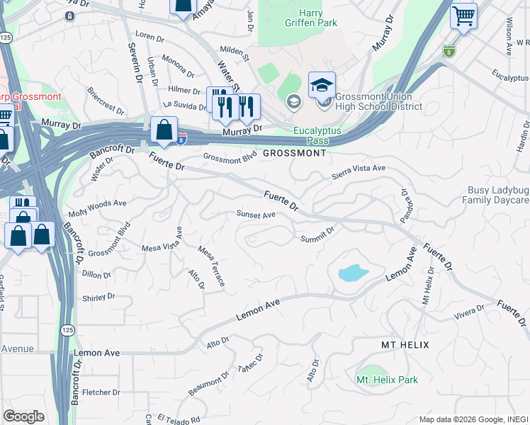 map of restaurants, bars, coffee shops, grocery stores, and more near 9710 Summit Circle in La Mesa