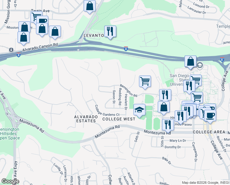 map of restaurants, bars, coffee shops, grocery stores, and more near 5356 Redding Road in San Diego