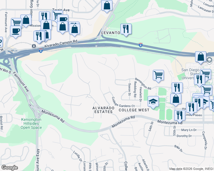 map of restaurants, bars, coffee shops, grocery stores, and more near 5419 Yerba Anita Drive in San Diego