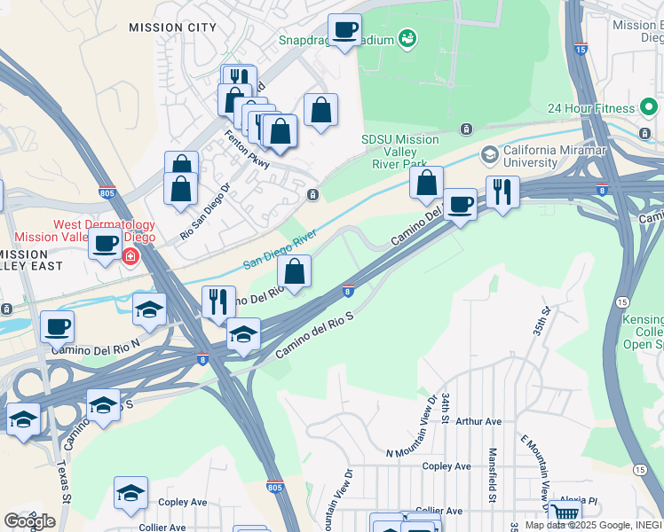 map of restaurants, bars, coffee shops, grocery stores, and more near 3131 Camino Del Rio North in San Diego